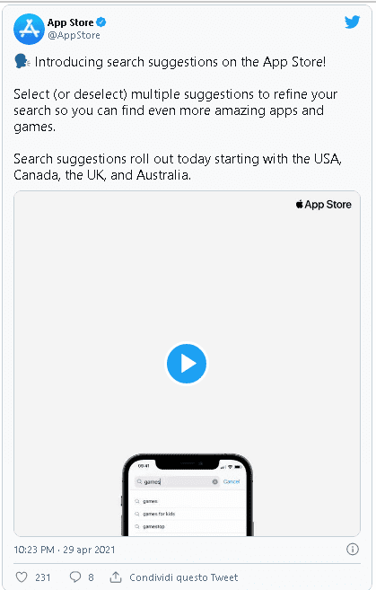 App Store Play Store suggerimento nelle ricerche